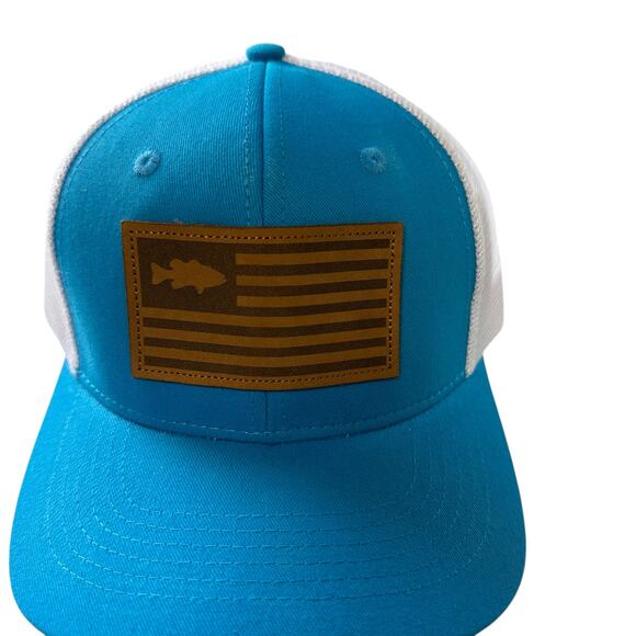 Y2K Live Fish or Die Blue White Trucker Hat Brown Leather Patch Adjustable New - Picture 2 of 5